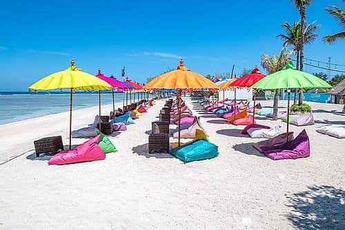 Colorful Beach Loungers and Umbrellas, Gili Islands, Indonesia Art Print