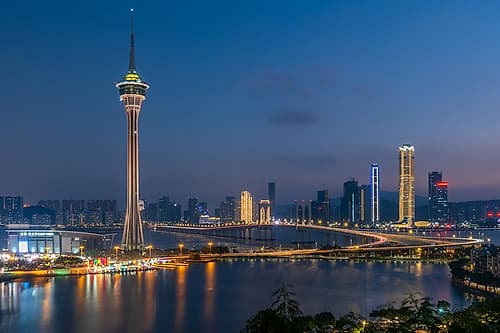 Macau Tower and City Skyline at Night, Macau Art Print