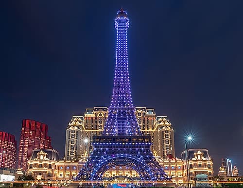 Eiffel Tower Replica Illuminated at Night, Macau Art Print