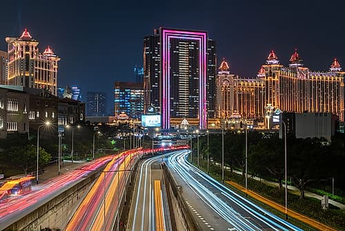 Macau Skyline with Light Trail Traffic at Night, Macau Art Print
