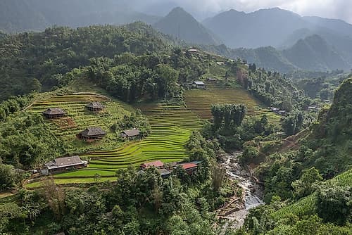 Rice Terrace Valley with Farmhouses, Sapa, Vietnam Art Print