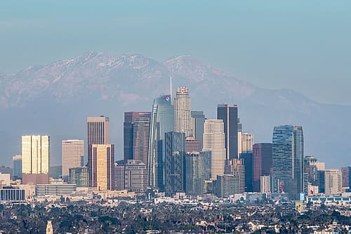 Downtown Los Angeles Skyline with Mountains, Los Angeles, California Art Print