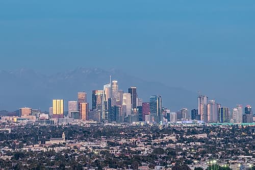 Los Angeles Skyline with Snow-Capped Mountains, Los Angeles, California Art Print