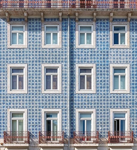 Blue Azulejo Tiled Facade with Balconies, Lisbon, Portugal Art Print