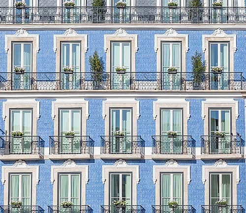 Blue Tiled Facade with Flower Box Balconies, Lisbon, Portugal Art Print
