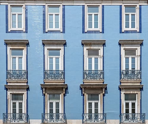Blue Tiled Facade with Arched Windows, Lisbon, Portugal Art Print