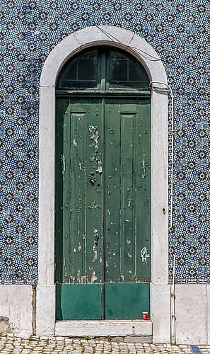 Weathered Green Door with Azulejo Tile Surround, Lisbon, Portugal Art Print