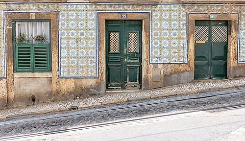 Tiled Street Facade with Green Doors, Lisbon, Portugal Art Print