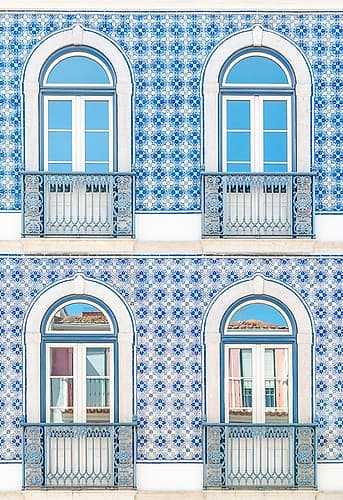 Blue Azulejo Facade with Arched Balcony Windows, Lisbon, Portugal Art Print