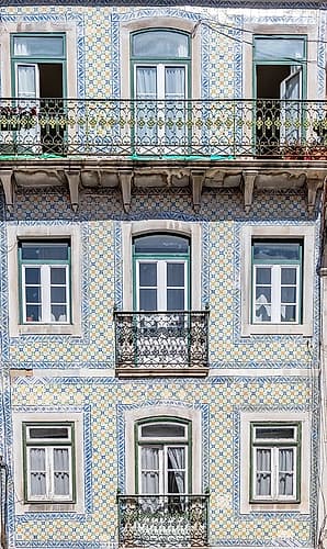 Tiled Facade with Iron Balconies, Lisbon, Portugal Geometric Print