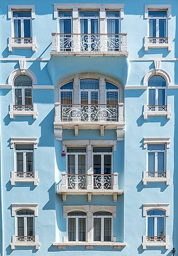 Light Blue Facade with Ornate Balconies, Lisbon, Portugal Classical Print