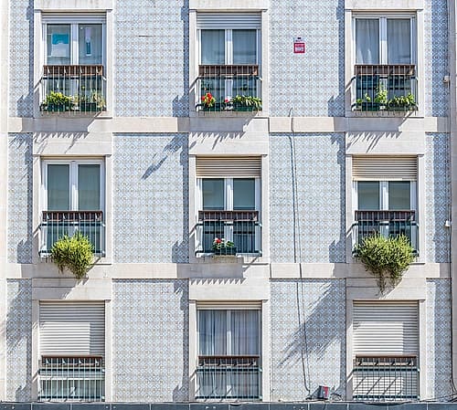 Grey Tiled Facade with Flower Box Balconies, Lisbon, Portugal Art Print