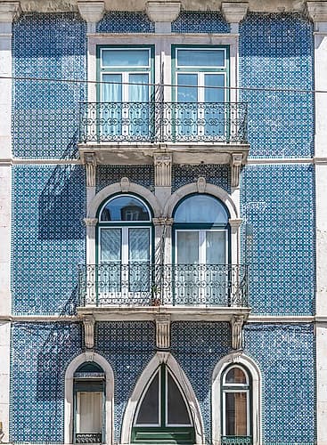 Blue Tiled Facade with Arched Doors, Lisbon, Portugal Art Print