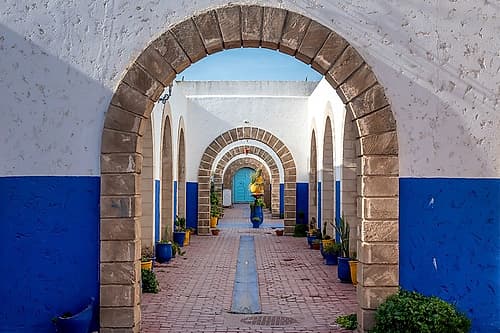 Blue and White Archway Courtyard, Morocco Art Print