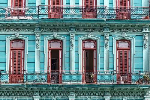 Teal Colonial Facade with Red Doors, Havana, Cuba Art Print