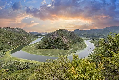 Rijeka Crnojevica River Bend at Sunset, Lake Skadar, Montenegro Art Print