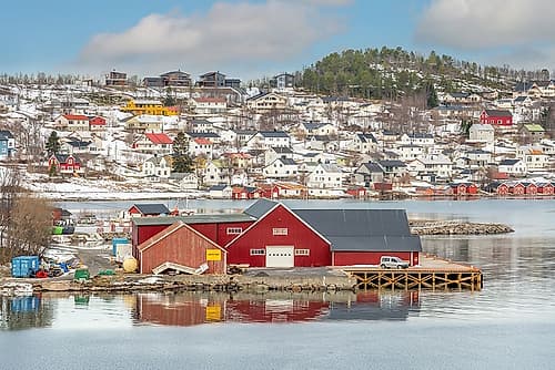 Norwegian Fjord Town with Red Boathouses, Norway Art Print
