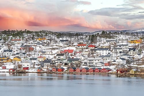 Snow-Covered Fjord Town at Dusk, Norway Art Print