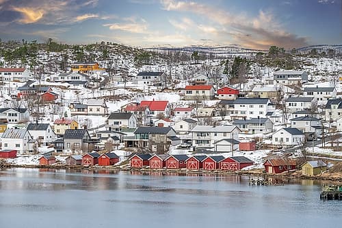 Snow-Covered Coastal Town, Norway Art Print