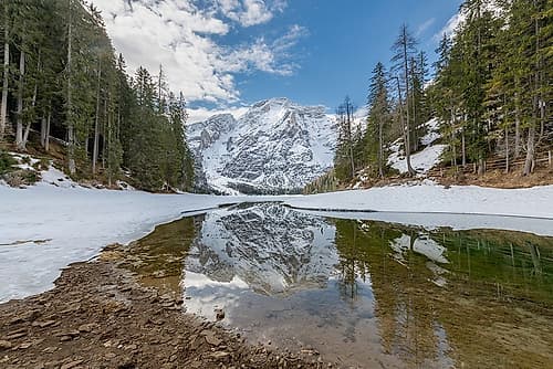 Reflections at Lago di Braies, Dolomites, Italy Art Print