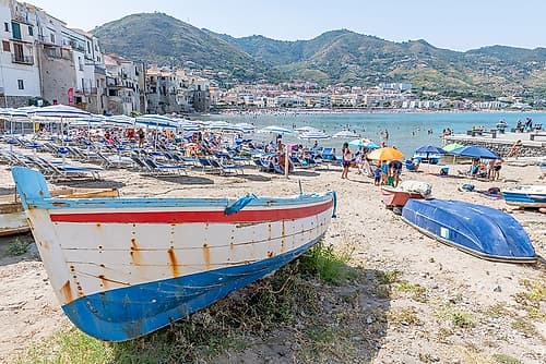Fishing Boats on Beach, Cefalu, Sicily, Italy Art Print