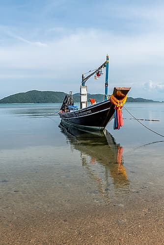 Longtail Fishing Boat with Reflection, Thailand Art Print