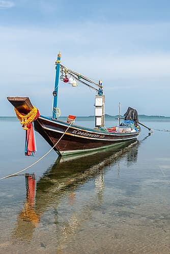 Longtail Boat Moored on Shore, Thailand Art Print