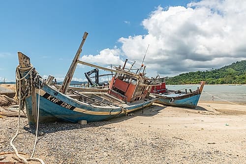 Weathered Fishing Boats on Beach, Malaysia Art Print