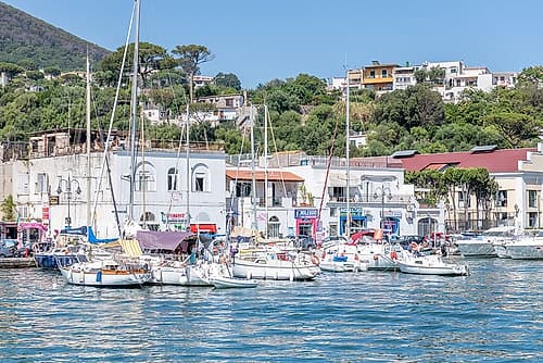 Marina with Sailboats and Hillside Village, Ischia, Italy Art Print