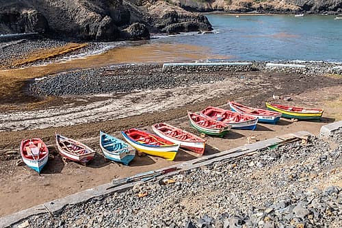 Colorful Fishing Boats on Volcanic Beach, Cape Verde Art Print