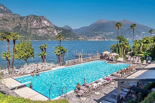 Lakeside Resort Pool with Mountain View, Lake Como, Italy Art Print