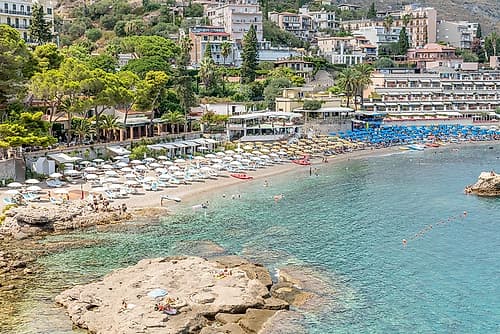 Beach Club Along Rocky Coastline, Taormina, Sicily, Italy Art Print