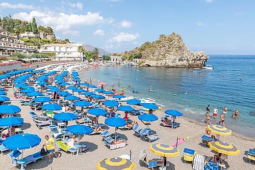 Isola Bella Beach with Umbrellas, Taormina, Sicily, Italy Art Print