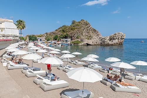 Isola Bella Beach Loungers, Taormina, Sicily, Italy Art Print