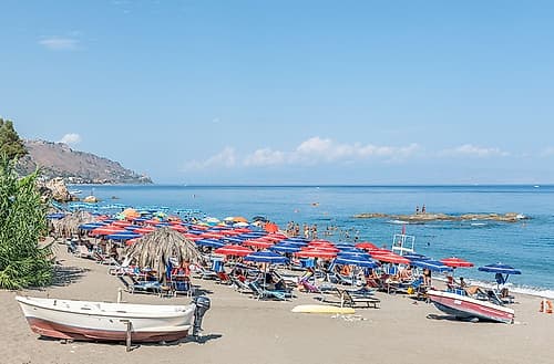 Beach with Colorful Umbrellas and Boats, Sicily, Italy Art Print