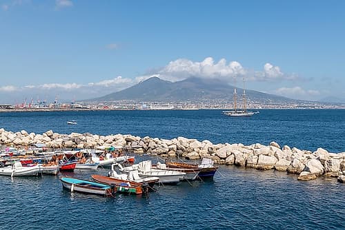 Fishing Boats with Mount Vesuvius in Distance, Naples, Italy Art Print