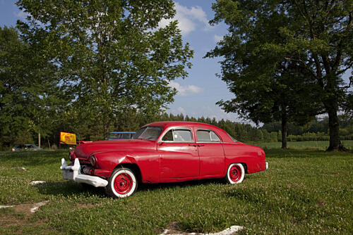 Red Painted Old Car in Field Near Oakville, Alabama Art Print