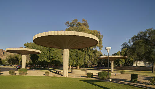 Mushroom-Like Shelters Adjacent to a Chase Bank Building Phoenix, Arizona Art Print